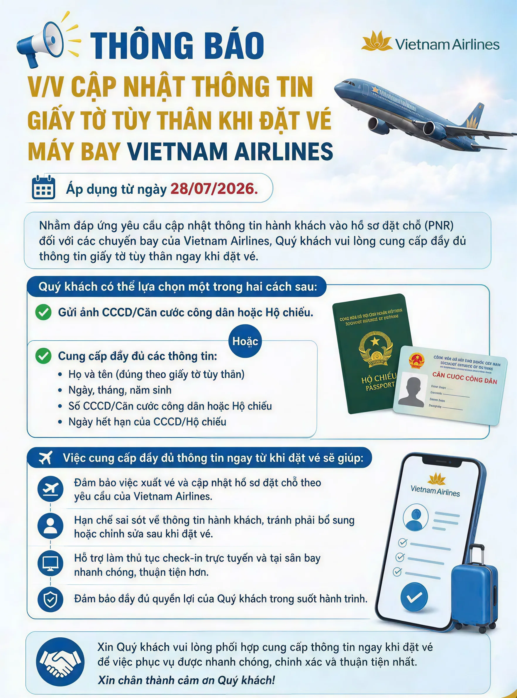 Th&ocirc;ng b&aacute;o v/v cập nhật th&ocirc;ng tin giấy tờ t&ugrave;y th&acirc;n khi đặt v&eacute; m&aacute;y bay Vietnam Airlines